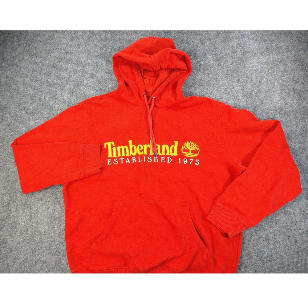 Timberland Graphic Hoodie Mens XL Red Established 1973 Pullover Fleece